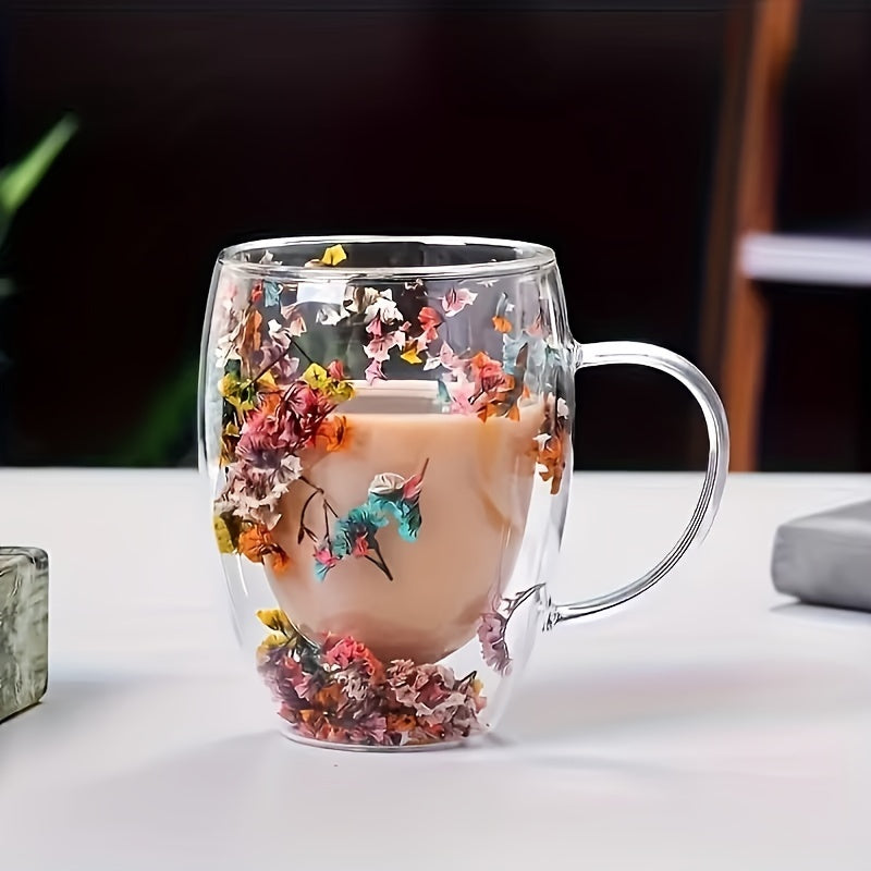 4 Stück, doppelwandige Kaffeetassen aus Glas mit getrockneten Blüten