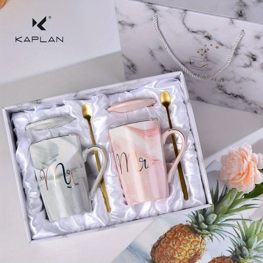 Keramikbecher-Set mit Deckeln und Löffeln - Perfektes Geschenk für Paare, ideal zum Kaffee- und Teetrinken zu Hause