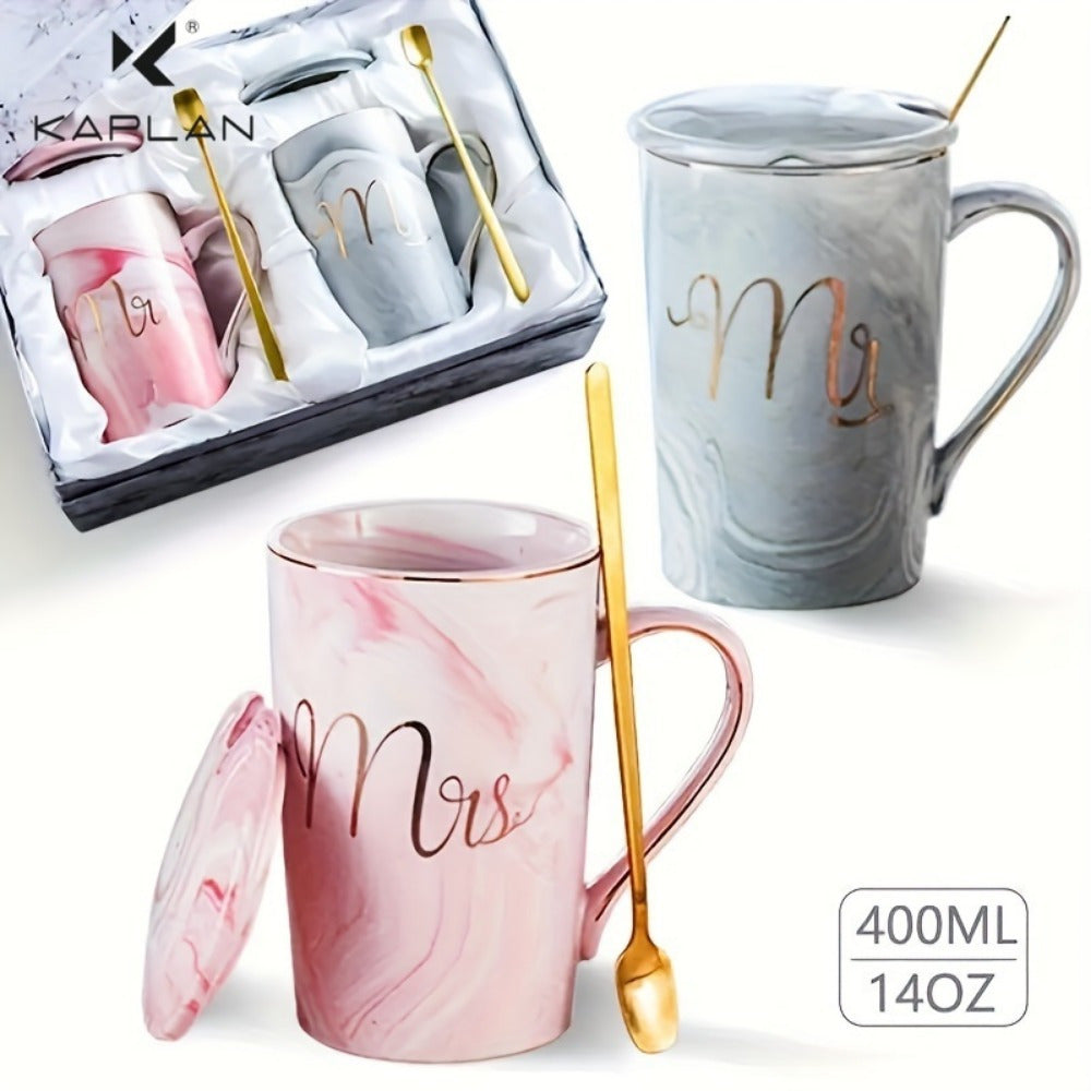 Keramikbecher-Set mit Deckeln und Löffeln - Perfektes Geschenk für Paare, ideal zum Kaffee- und Teetrinken zu Hause