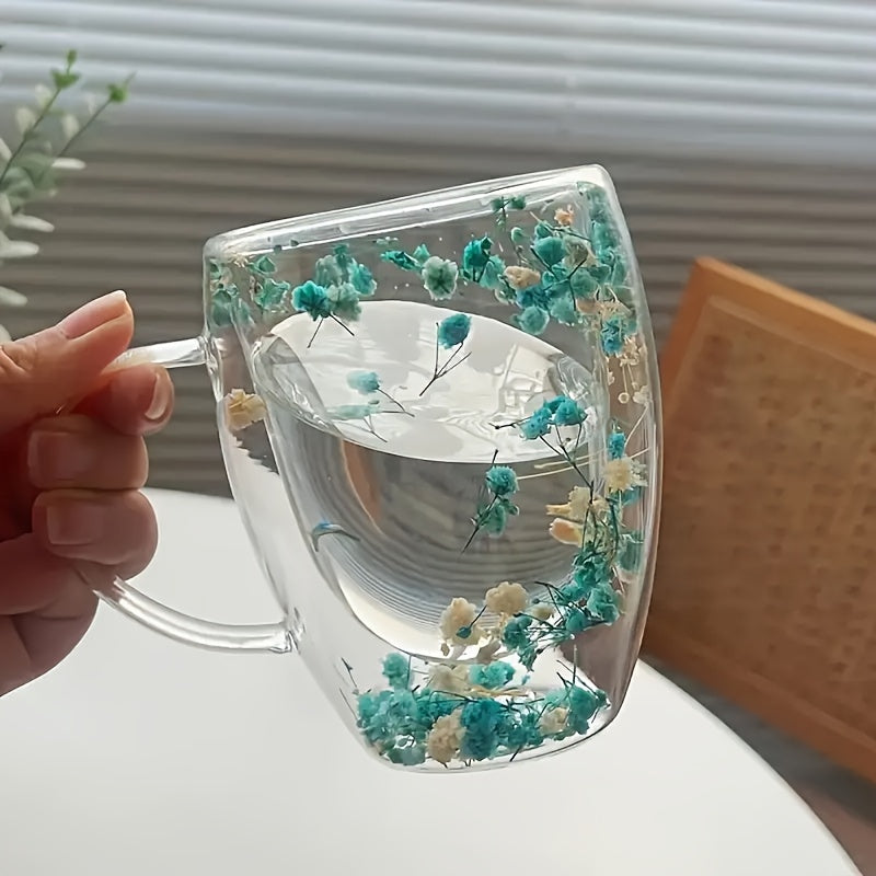 4 Stück, doppelwandige Kaffeetassen aus Glas mit getrockneten Blüten