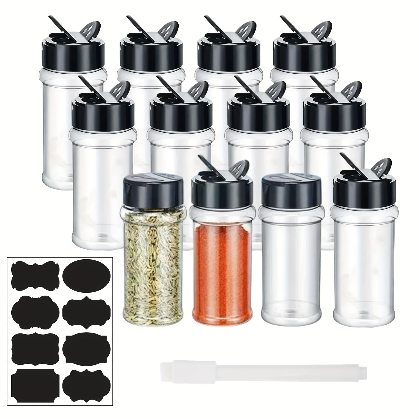 12pcs 3oz durchsichtige Kunststoff-Gewürzdosen mit Shaker und Etiketten